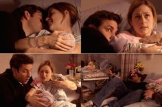 four different pictures of people laying in bed and one holding a baby while the other is looking at something