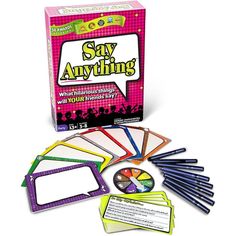 the say anything game is in its box and it has several cards with different colors