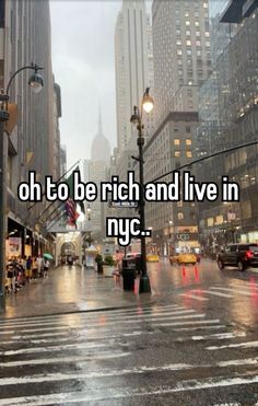 the words oh to be rich and live in nyc are written on a city street