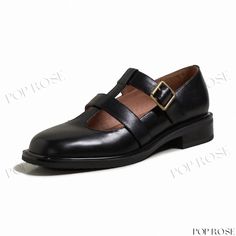 Vintage Round Toe with Shallow Mouth Single Shoe Buckle Low Top Shoes Inside and Outside Full Leather Spring Black Leather Shoes With Buckle Closure, Black Flat Mary Janes For Formal Occasions, Formal Black Flat Mary Janes, Black Leather Sole Mary Janes For Office, Black Round Toe Mary Janes For Office, Black Mary Janes With Leather Sole For Office, Black Flat Mary Janes For Fall, Black Mary Janes For Office In Fall, Black Low Heel Mary Janes For Business