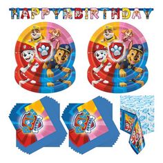 paw patrol birthday party supplies including plates, napkins and decorations