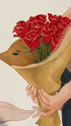 there is a woman holding a bouquet of red roses in her hand and the words let's fall in love