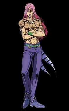 an anime character with pink hair and purple pants, holding his hands on his chest