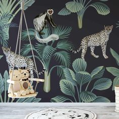 an animal themed wallpaper with leopards and other wild animals on the jungle background