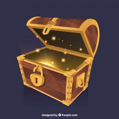 an open wooden chest with golden locks and stars in the sky above it, on a dark blue background