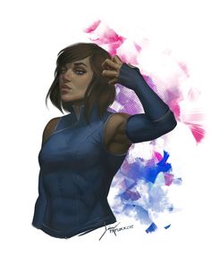 a drawing of a woman in blue shirt