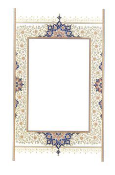 an ornate frame with blue and gold trimmings on the edges, in front of a white background