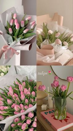 four different pictures with flowers in vases and books on the table, one has pink tulips