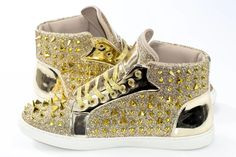 Craft a bold style in this designer high-top sneaker with a flashy exterior accented by coned spikes and wide laces. Great for a street-smart look that pairs well with semi-casual outfits. Men's Dress Sneaker High-Top Heel Spiked PU Leather Upper Rubber Sole Embedded Glitter Wide Laces Imported Mens Dress Sneakers, Dress Sneaker, Semi Casual Outfit, Semi Casual, Street Smart, Bold Style, Cool Suits, Bold Fashion, Wedge Sneaker