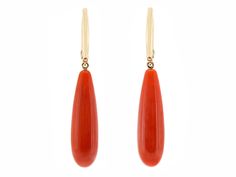 Each red coral drop suspended from a diamond line top, in 18k gold. Handmade in Beverly Hills, California. Elegant Red Earrings With Polished Finish, Elegant Red Coral Earrings, Elegant Yellow Gold Jewelry With Red Coral, Elegant Red Coral Drop Earrings, Red Drop Earrings For Formal Occasions, Elegant Red Coral Dangle Earrings, Tiffany Diamond, Jewelry Staples, Gold For Sale