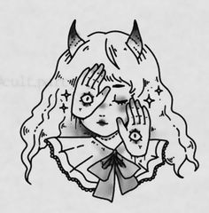 a black and white drawing of a girl with horns on her head holding her hands to her face