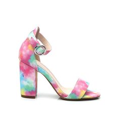 a women's high heeled sandal with colorful tie dye