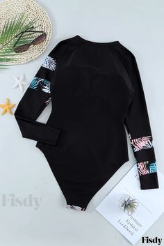 Fisdy - Bañador Surf Rash Guard de manga larga con cremallera y un elegante estampado de hojas Rash Guard Swimwear, Sleeve Swimsuit, Surf Suit, Rashguard Swimsuit, Long Sleeve Swimsuit, Leaves Print, Jeans Material, Fashion Lookbook, Short Pajama Set