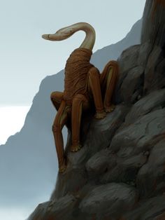 an alien like creature sitting on top of a rock next to a mountain side with mountains in the background