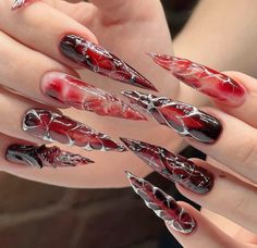 Alt Stilettos Nails, Red Alt Nails, Bayonetta Nails, Black And Red Stiletto Nails, Long Stiletto Nails Design, Alt Nails Acrylics, Vivi Core, Alt Nails