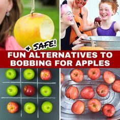 four pictures with apples and children in the background text says safe fun alternatives to bobbing for apples