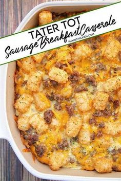 tater tot sausage breakfast casserole in a white dish on a wooden table