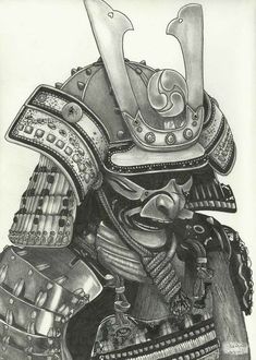 a black and white drawing of a samurai with two knives in his hand, wearing armor