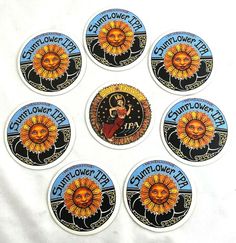 six sunflower power stickers are arranged in a circle on a white sheet with the words, sunflower power written below them