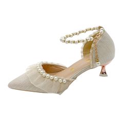 Luxury Silk White Wedding Shoes for Women Summer Pearl Ankle Straps High Heels Pumps Woman Pointed Toe Heeled Dress Shoes