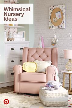 a pink chair sitting in a living room next to a white brick wall with the words whimsical nursery ideas on it