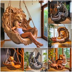 several pictures of various swings with animals on them and one woman sitting in the swing