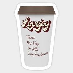 a coffee cup with the words lovejoy on it