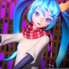 an animated anime character with blue hair and horns on her head, wearing a scarf