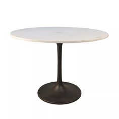 an oval marble dining table with black metal base and round white top, viewed from the front