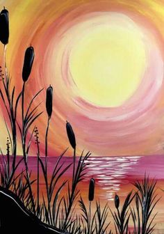 a painting of the sun setting over water with reeds in foreground and an orange sky