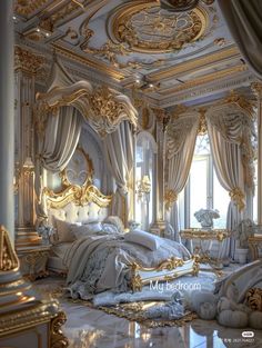 an ornate bedroom with gold and white decor