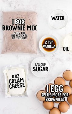 ingredients for brownie mix laid out on a white counter top with text overlay