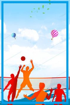 people are playing volleyball on the beach with kites in the sky behind them,