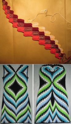 three pictures of different patterns and colors on the same piece of clothing, one with a crochet pattern