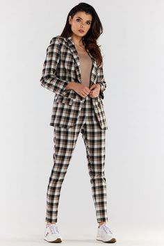 Fitted high-waisted plaid pants with a cigarette cut, tapered at the bottom. High-waisted pants emphasize the waist and optically elongate the figure, while covering minor imperfections around the waist. Together with our A491 jacket it creates an elegant suit set, which can be used for a business meeting, family celebration or office work. Fitted plaid pants are a must have in every closet. Spandex 3 % Polyester 69 % Viscose 32 % Size Lenght Hips width Waist width L 101 cm 98 cm 78 cm M 100 cm 94 cm 74 cm S 99 cm 90 cm 70 cm XL 102 cm 102 cm 82 cm Fall Office Wear Ankle-length Pantsuit, High-waisted Pantsuit For Office Wear In Fall, Tailored Fall Pantsuit With Tapered Leg, Fall Office Wear High-waisted Pantsuit, Fall High-waisted Pantsuit For Office, Chic High-waisted Plaid Pants, Fall Office Wear Trousers Pantsuit, Fall Office Wear Pantsuit, Plaid Tapered Leg Business Casual Pants