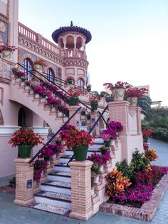 the stairs are decorated with flowers and potted plants on either side of the building