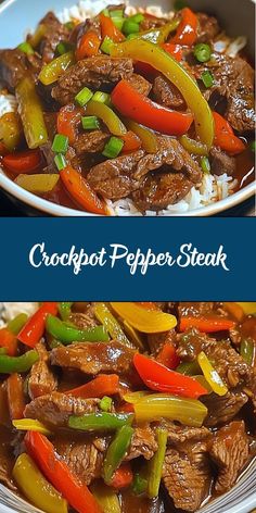 two pictures of beef and peppers on top of rice in a white bowl with the words crockpot pepper steak