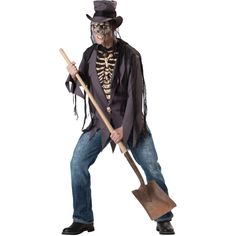 a man dressed up as skeleton holding a shovel