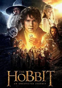 the hobbit movie poster is shown in this image, with many people standing around