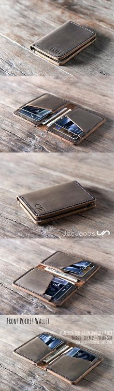 Leather Wallet made from full grain cowhide. Hand-stitched, handmade by the wonderful folks at JooJoobs, Etsy's number one wallet shop. #handmade #productsILove Fotocamere Vintage, Louis Vuitton Taschen, Front Pocket Wallet, Credit Card Wallet, Leather Projects, Happy Camper