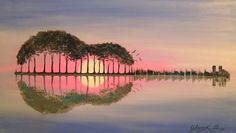 a painting of trees reflecting in the water