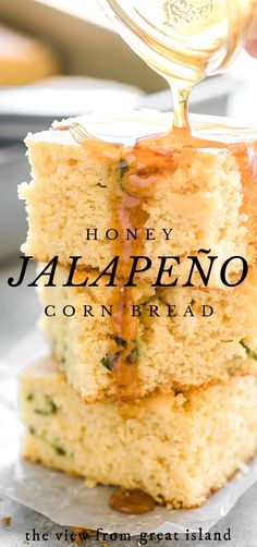 honey jalapeno cornbread is stacked on top of each other