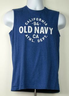 Buy with Confidence! We have over 15,000 Positive Feedbacks. Thanks for looking! Old Navy Tank Top Shirt Material: 60% Cotton 40% Polyester Condition: Very Good Pre-owned Size XL (14-16): - Chest: 38" - Length: 25" (top of back of collar to hem) Features: - Old Navy Graphic on Front - Solid Color Back Athletic Dept Shirts, Navy Sleeveless Cotton Vest, Navy Casual Cotton Tank Top, Casual Navy Cotton Tank Top, Casual Blue Sleeveless T-shirt, Blue Sleeveless Casual T-shirt, Navy Sleeveless Cotton Tops, Casual Blue Crew Neck Vest, Casual Blue Tank Vest