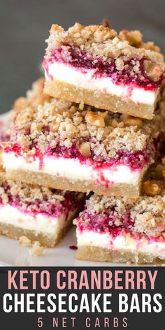 keto cranberry cheesecake bars stacked on top of each other