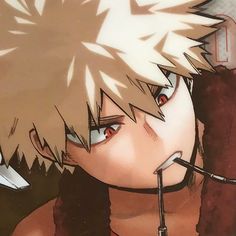 an anime character with blonde hair holding a knife and looking at something in his hand