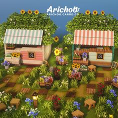 an image of two small houses in the middle of some flowers and grass with sunflowers