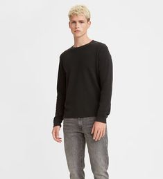 Long Sleeve Standard Fit Thermal Shirt - Black | Levi's® US Winter Waffle Knit Sweatshirt For Layering, Everyday Cotton Waffle Knit Sweater, Everyday Long Sleeve Waffle Knit Sweatshirt, Modern Cotton Sweater For Layering, Modern Cotton Sweater, Everyday Waffle Knit Long Sleeve Sweatshirt, Modern Tops For Winter Loungewear, Modern Winter Tops For Loungewear, Modern Winter Loungewear Tops