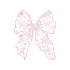 a pink bow with white lace on it's sides and an image of flowers in the background