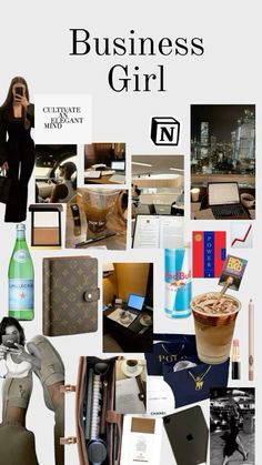 there is a collage of different items on this page to describe the business girl