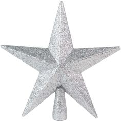 a silver glitter star ornament on a white background